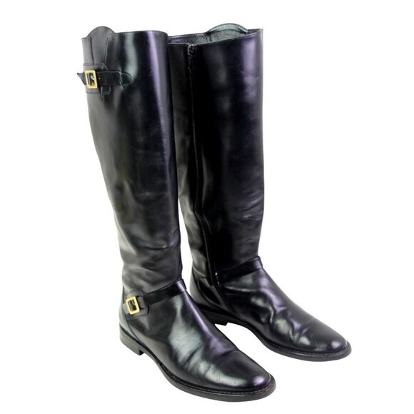 Cole Haan BLACK GENUINE LEATHER LOW HEEL ROUND TOE SIDE ZIP BELTED BOOTS Sz 7B - Picture 5 of 11